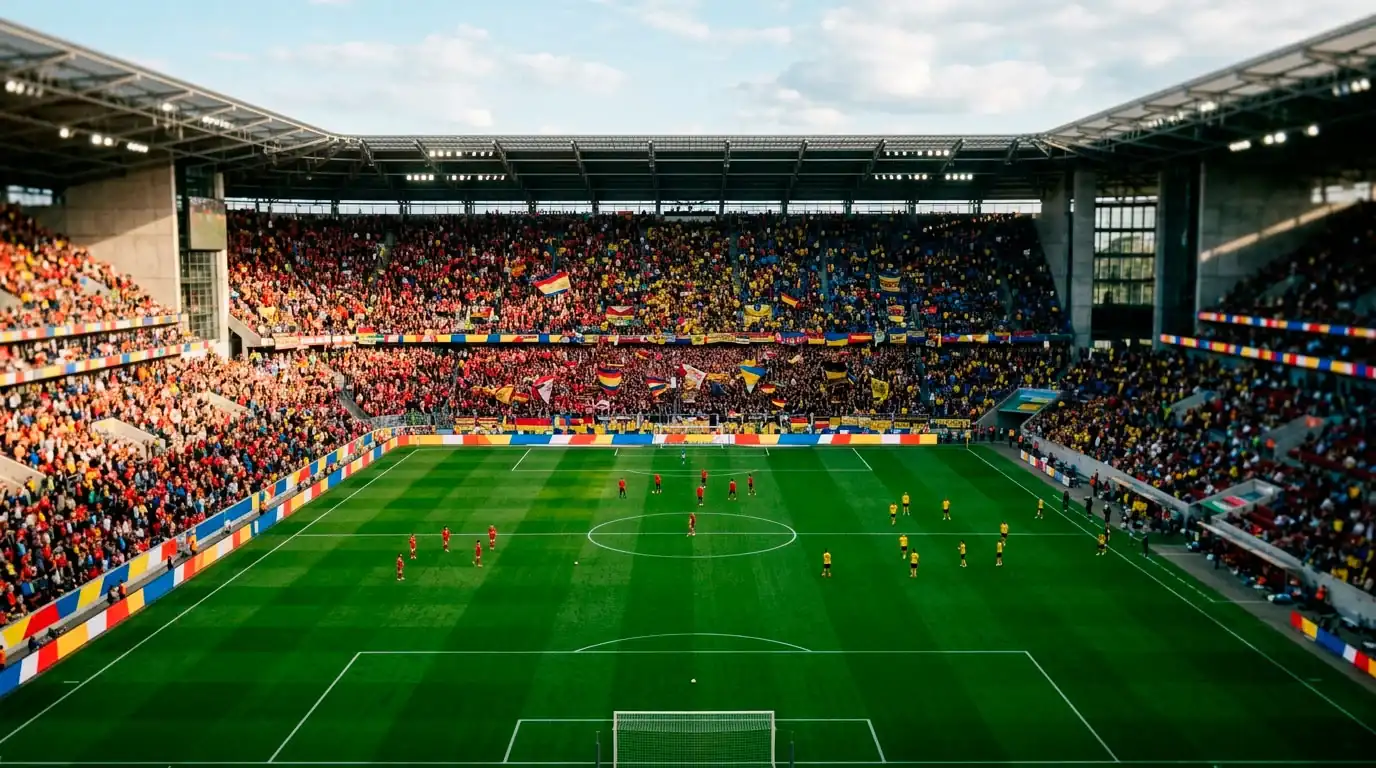 Bundesliga-stadion op speeldag met volle tribunes en gemarkeerd doelgebied
