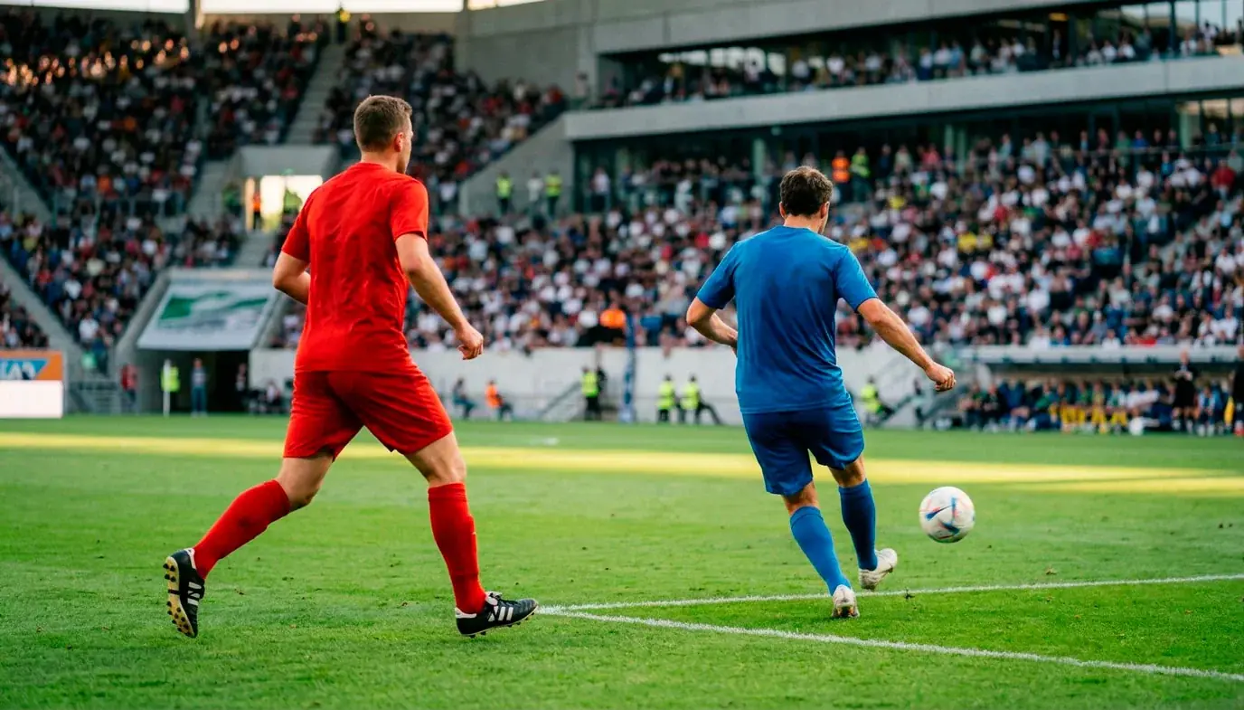 Bundesliga-topclubs in actie: spelers in rode, gele en blauwe shirts op het veld tijdens een aanvalsfase
