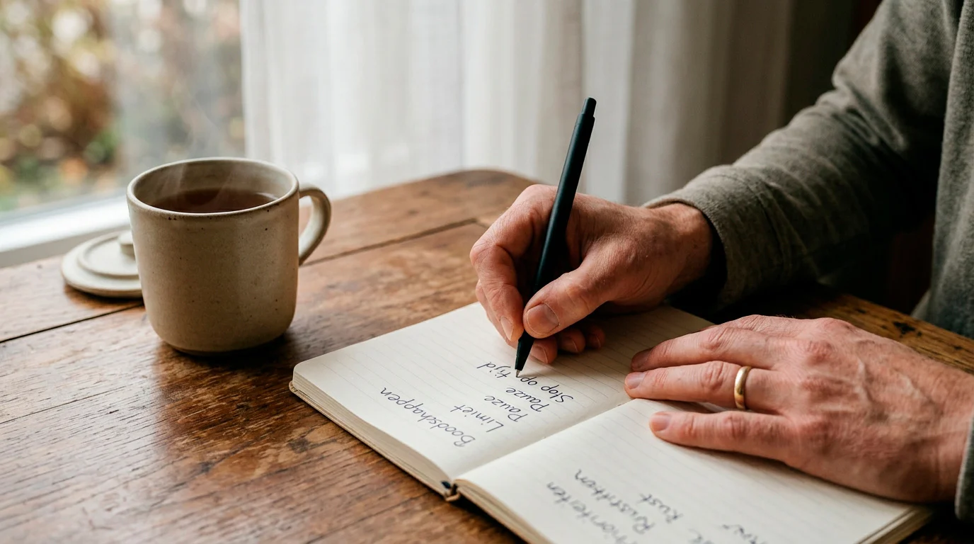 Speler pauzeert en noteert speellimieten in een notitieboek — symbool voor bewuste grenzen aan inzetten
