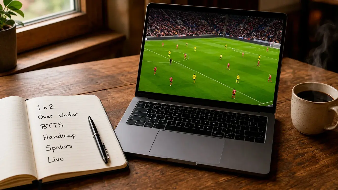 Wedopties Bundesliga: notitieblok met 1×2, Over/Under, BTTS en handicap-markten naast laptop met voetbalwedstrijd